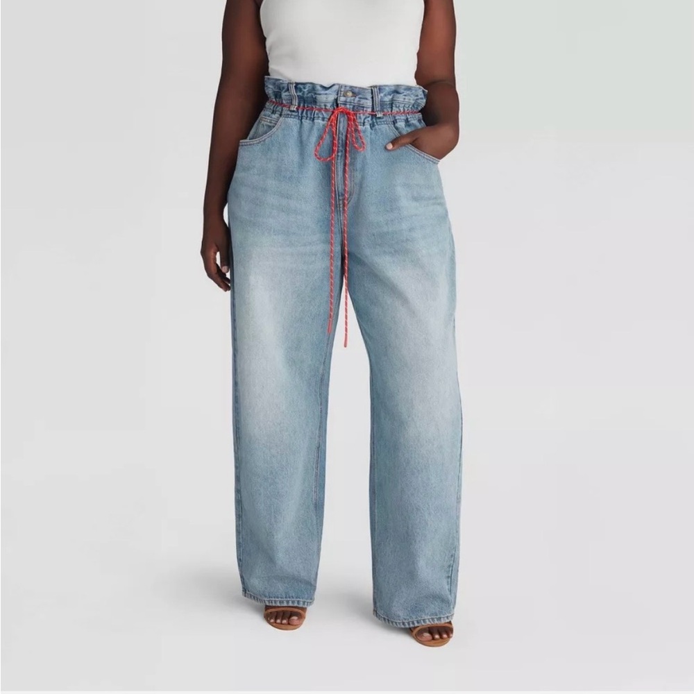 Wide Leg Paperbag Waist Jeans with Drawstring - Light Blue